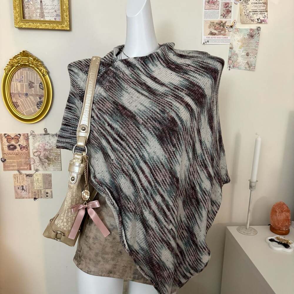 Knit Poncho Gray Maroon Striped Cowl Neck Wrap Shawl